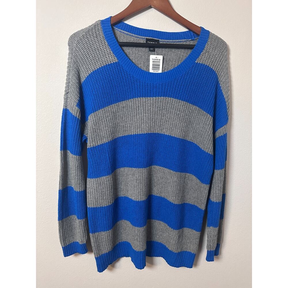 NWT Torrid Sweater Women Size 1 Gray Blue Striped Knit‎ Cotton Long Sleeve